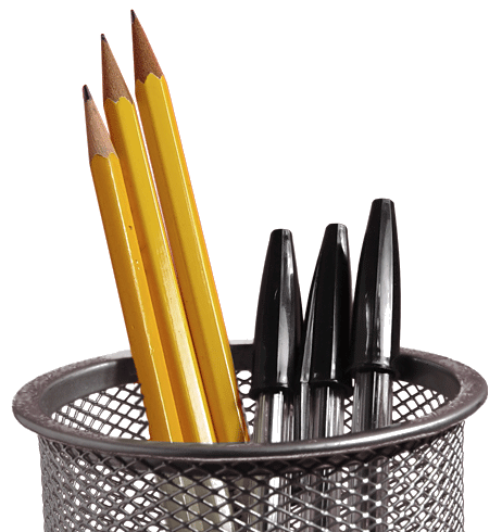 pencils and pens in a cup